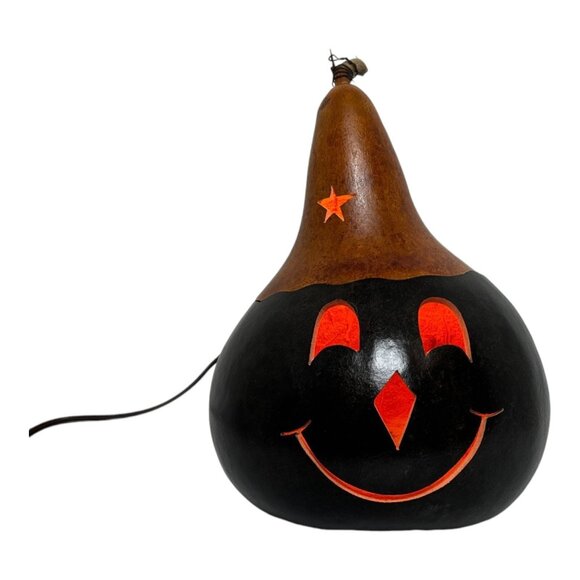 Vintage Gourd Lighted Orange & Black Pumpkin Halloween Hand Carved Folk Art Fall - Picture 3 of 13